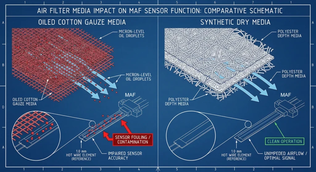 dry vs oiled air filter material comparison and MAF sensor safety chart